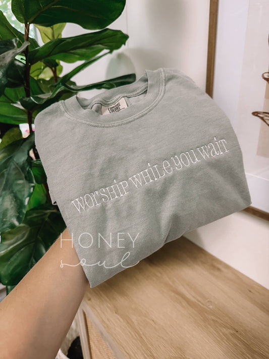 Embroidered Worship While You Wait Tee